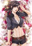  belt belt_buckle bikini bikini_under_clothes black_hair breasts buckle cleavage closed_mouth collarbone collared_shirt commentary cowboy_shot denim denim_shorts english_commentary etroveria final_fantasy final_fantasy_vii final_fantasy_vii_rebirth final_fantasy_vii_remake floral_background flower hair_between_eyes hair_flower hair_ornament hand_up highleg highleg_bikini highleg_panties highres long_hair medium_breasts midriff navel official_alternate_costume official_alternate_hairstyle open_hand panties red_eyes red_lips red_nails shirt short_shorts short_sleeves shorts sidelocks striped_clothes striped_shirt swept_bangs swimsuit tied_shirt tifa_lockhart tifa_lockhart_(majestic_glamour) toned underwear vertical-striped_clothes vertical-striped_shirt white_bikini 