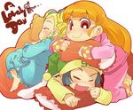  akazutsumi_momoko black_hair blonde_hair goutokuji_miyako hyper_blossom laughing matsubara_kaoru minawa multiple_girls orange_hair pajamas pillow powerpuff_girls_z red_eyes rolling_bubbles sleeping sleepover smile 