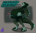 anthro bethesda_softworks black_body black_scales bodily_fluids cum deathclaw ejaculation english_text eyewear fallout genital_fluids genitals glasses green_body green_scales hands_on_belly hi_res humping humping_belly male nude oral_vore penis saliva scales scalie solo speech_bubble spittle standing tagme text vore zeanlain