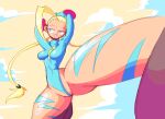  ahoge arms_up bodypaint boots braid breasts cammy_white gauntlets gloves highres huge_ahoge leotard necktie perspective puckered_lips red_gloves ribbed_leotard simple_background solo spread_legs street_fighter thick_thighs thighs thong twin_braids yellow_necktie 