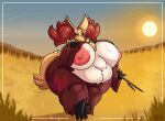 absurd_res anthro big_breasts breasts delphox drokmars female field generation_6_pokemon hi_res huge_breasts looking_at_viewer nintendo nude obese overweight pokemon pokemon_(species) red_body red_eyes solo thick_thighs white_body yellow_body