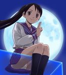  black_hair brown_eyes haruyama_kazunori kekkaishi moon panties pantyshot pleated_skirt ponytail school_uniform serafuku skirt solo underwear yukimura_tokine 