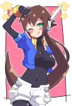  1girl ;q absurdres aile_(mega_man_zx) black_bodysuit blush blush_stickers bodysuit breasts brown_hair buzzlyears covered_collarbone covered_navel cropped_jacket dojikko_pose embarrassed green_eyes heart highres jacket large_breasts long_hair mega_man_(series) mega_man_zx mega_man_zx_advent navel one_eye_closed open_clothes open_jacket ponytail robot_ears short_sleeves shorts smile tongue tongue_out 