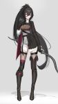  1girl absurdres asymmetrical_legwear black_eyes black_hair boots bow_(weapon) breasts fantasy full_body grey_background hair_between_eyes hand_on_own_chest heterochromia highres holding holding_bow_(weapon) holding_weapon ikasamahideo knee_boots long_hair medium_breasts original ponytail red_eyes shadow signature single_knee_boot single_thigh_boot smile solo standing thigh_boots uneven_legwear very_long_hair weapon 
