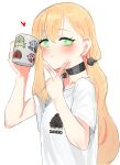  1girl blonde_hair blush choker coffee_mug cup green_eyes hair_between_eyes hair_bobbles hair_ornament heart highres insect_hair_ornament long_hair matangomu-chan mug original pillbug shirt simple_background suisogenshi t-shirt v white_background 