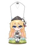  1girl absurdres blonde_hair blue_eyes bow chibi dress frilled_dress frills girls&#039;_frontline grass hair_between_eyes hands_on_own_hips highres kolibri_(girls&#039;_frontline) large_hat long_hair looking_at_viewer pantyhose pouch rynzfrancis smile solo thigh_pouch thigh_strap twitter_username very_long_hair white_background white_headwear white_pantyhose wide_sleeves 