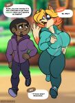 animal_crossing anthro audie_(animal_crossing) black_eye_(injury) bouncing_breasts breast_implants breasts bruised canid canine canis clothing dialogue duo female hi_res hoodie human jogging jogging_outfit jogging_pants male male/female mammal nintendo oblivious outside sketchybug sweatpants topwear willager wolf
