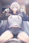  1girl bed blue_eyes blush breasts door girl_on_top hair_over_one_eye hood hoodie indoors kurono_mitsuki large_breasts looking_at_viewer messy_hair navel original pale_skin pov short_shorts shorts smile solo spread_legs white_hair 