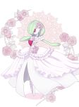  1other absurdres arm_out_of_sleeve clothed_pokemon colored_skin commentary_request dress flower frilled_dress frills full_body gardevoir green_hair hair_flower hair_ornament highres medium_hair pink_eyes pokemon pokemon_(creature) ruri_(ruriblackrose001) solo standing white_dress white_skin 