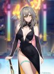  1girl alternate_costume bare_shoulders blurry blurry_background breasts cleavage commentary covered_navel cowboy_shot detached_sleeves grey_hair groin hair_intakes helloimtea highres honkai:_star_rail honkai_(series) long_hair long_sleeves looking_at_viewer medium_breasts side_slit solo standing stelle_(honkai:_star_rail) thigh_strap thighs trailblazer_(honkai:_star_rail) yellow_eyes 