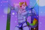 anthro blue_eyes canid canine canis clothed clothing dancing flexing frankie_snow franklyfurry fur hair hi_res looking_at_viewer male mammal multicolored_tail nipples piercing rainbow_tail smile solo stripper tail white_body white_fur wolf