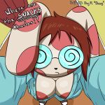 absurd_res anthro areola areola_slip blue_clothing blue_topwear breasts brown_hair cleavage clothed clothing dialogue eyewear female floppy_ears fur generation_3_pokemon glasses hair hi_res looking_at_viewer lop_ears nintendo nipple_slip nipples pink_areola pink_body pink_fur pink_nipples pink_spots pokemon pokemon_(species) round_glasses solo spinda spiral_eyes spots supermoonshroom talking_to_viewer tan_body tan_fur text topwear