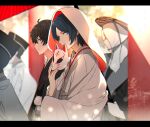  5boys absurdres amamiya_ren black_hair blue_eyes blue_hair blurry commentary_request depth_of_field eyelashes fox_mask from_side grey_eyes hair_between_eyes highres holding holding_mask hood hood_up japanese_clothes kimono kitagawa_yuusuke long_sleeves looking_at_viewer male_focus mask multiple_boys persona persona_5 profile rain red_umbrella short_hair shukitashuki smile solo_focus torii uchikake umbrella upper_body wedding white_kimono yaoi 