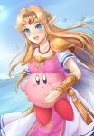  1girl absurdres blonde_hair blue_eyes blue_sky blush breast_rest breasts cape commentary_request dress earrings floating_island highres holding jewelry kirby kirby_(series) long_hair medium_breasts necklace nintendo open_mouth pearl_necklace pointy_ears princess_zelda samoore short_sleeves sky straight_hair super_smash_bros. super_smash_bros._ultimate the_legend_of_zelda the_legend_of_zelda:_a_link_between_worlds tiara triforce tunic vambraces white_dress 