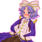  blush bow buckle dress frills hair_bow latooni_subota purple_eyes purple_hair rokuichi short_hair solo super_robot_wars super_robot_wars_original_generation 