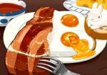  animal bacon bowl bread bread_slice cheese egg_(food) egg_yolk food food_focus fork fried_egg lilac_(p-f_easy) no_humans original plate rabbit table 