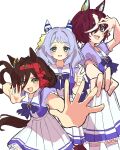  3girls animal_ears bow bowtie brown_hair ear_covers eyepatch grey_eyes grey_hair hairband highres hishi_miracle_(umamusume) horse_ears horse_girl long_hair looking_at_viewer medium_hair multicolored_hair multiple_girls no_reason_(umamusume) pleated_skirt puffy_short_sleeves puffy_sleeves purple_bow purple_bowtie purple_hair purple_serafuku purple_shirt red_hairband sailor_collar sailor_shirt school_uniform serafuku shirt short_hair short_sleeves simple_background skirt streaked_hair suisui_misumi tanino_gimlet_(umamusume) tracen_school_uniform umamusume white_background white_hair white_skirt yellow_eyes 