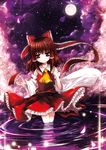  ascot belt bow brown_eyes brown_hair catbell cherry_blossoms cravat detached_sleeves dress frilled_bow frilled_shirt_collar frills full_moon glowing glowing_eyes hair_bow hair_tubes hakurei_reimu light_smile long_hair medium_hair moon night petals red_belt red_bow red_dress red_eyes red_ribbon ribbon ribbon-trimmed_sleeves ribbon_trim ripples skirt skirt_set sky smile solo standing star_(sky) starry_sky touhou underskirt wading water white_collar white_sleeves wide_sleeves yellow_neckwear 