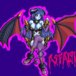  astaroth_(shinrabanshou) black_sclera blue_hair blue_skin boots breasts covered_nipples crossed_legs demon_girl earrings heart heart_earrings horns jewelry large_breasts purple_footwear red_wings rokuichi shinrabanshou sitting solo succubus tail thighhighs wings yellow_eyes 
