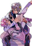  2boys :3 ahoge amemura_ramuda bishounen blue_eyes book cellphone commentary_request eyelashes full_body hair_between_eyes highres holding holding_book holding_phone hypnosis_mic legs_up long_hair looking_at_another low_ponytail lying_on_lap male_focus mezumari multiple_boys on_chair open_book phone pink_hair reading short_hair sitting smartphone taking_picture very_long_hair white_background yaoi 