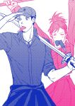  1boy 1girl arms_up bow bowtie closed_eyes collared_shirt food food_in_mouth hands_on_headwear hat highres holding holding_sword holding_weapon iori_junpei jacket jewelry necklace persona persona_3 persona_3_portable ponytail popsicle school_uniform shiomi_kotone shirt sleeve_rolled_up sword tied_jacket weapon white_background yongari_shin 