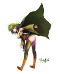  ass bent_over boots bridal_gauntlets cape detached_sleeves final_fantasy final_fantasy_iv green_eyes green_hair green_leotard hair_ornament kara_(color) leotard rydia solo thighhighs 