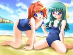  all_fours bad_anatomy beach bent_over blue_eyes blush day green_hair miyafuji_miina multiple_girls ocean one-piece_swimsuit onegai_twins onodera_karen otoki_raku red_hair ribbon spread_legs swimsuit undressing 