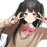  1girl asahiru_yorumu black_eyes black_hair black_nails blush bow bowtie brown_sweater closed_mouth collared_shirt double_v hands_up long_hair long_sleeves looking_at_viewer nail_polish nijisanji pink_bow pink_bowtie portrait shirt sidelocks simple_background smile solo sweater tsukino_mito two_side_up v v-neck v_over_eye virtual_youtuber white_background white_shirt 