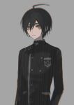  1boy ahoge black_hair black_jacket breast_pocket brown_eyes buttons danganronpa_(series) danganronpa_v3:_killing_harmony double-breasted fu_ga_(vivi912912) grey_background hair_between_eyes highres jacket long_sleeves male_focus pocket saihara_shuichi short_hair simple_background solo striped_clothes striped_jacket 