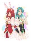  2girls absurdres animal_ears aqua_hair arms_behind_back bow breasts chloe_(fire_emblem) choker cleavage commentary cordelia_(fire_emblem) english_commentary fake_animal_ears fire_emblem fire_emblem_awakening fire_emblem_engage fire_emblem_heroes gloves grin hair_bow hand_up highres kaphrin large_breasts long_hair looking_at_viewer medium_breasts multiple_girls puffy_short_sleeves puffy_sleeves red_bow red_eyes red_hair short_sleeves smile standing white_background white_gloves yellow_choker 