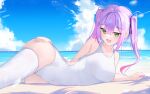  1girl absurdres ass bare_shoulders blush breasts covered_navel green_eyes highres hololive large_breasts long_hair lying multicolored_hair ocean on_side one-piece_swimsuit open_mouth outdoors pink_hair purple_hair red_o7 sky smile solo streaked_hair swimsuit thighhighs thighs tokoyami_towa virtual_youtuber white_one-piece_swimsuit white_thighhighs 