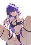  1girl absurdres acheron_(honkai:_star_rail) bare_arms bare_shoulders bikini black_bikini blhazx breasts cleavage commentary_request hair_ornament hair_over_one_eye highres honkai:_star_rail honkai_(series) long_hair looking_at_viewer medium_breasts navel pubic_tattoo purple_eyes purple_hair revision simple_background solo squatting stomach swimsuit tattoo thigh_strap thighs very_long_hair white_background 