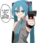  1girl aiming aiming_at_viewer blue_eyes blue_hair blue_necktie closed_mouth collared_shirt detached_sleeves finger_on_trigger grey_shirt gun handgun hatsune_miku highres holding holding_gun holding_weapon long_hair looking_at_viewer mykokampfwagen necktie racism shirt sleeveless sleeveless_shirt solo twintails very_long_hair vocaloid weapon wing_collar 