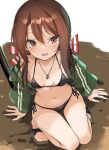  1girl bikini black_bikini breasts brown_eyes brown_hair green_jacket hair_ribbon highres jacket kantai_collection long_hair open_clothes open_jacket ribbon sandals side-tie_bikini_bottom sitting small_breasts smile solo swimsuit thigh_gap zarashi zuihou_(kancolle) 