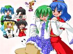  alcohol ascot backpack bag bangs black_hair blonde_hair blue_eyes blue_hair blush bow camera closed_eyes covering_eyes detached_sleeves drinking drunk eighth_note eyebrows eyebrows_visible_through_hair flying_sweatdrops frog_hair_ornament gourd green_hair hair_ornament hair_tubes hakurei_reimu hat hat_bow horn_bow horns ibuki_suika kawashiro_nitori kirisame_marisa kochiya_sanae long_hair long_sleeves moriya_suwako multiple_girls musical_note pyonta red_eyes sake shameimaru_aya short_hair simple_background smile snake_hair_ornament telya tokin_hat touhou two_side_up witch_hat yasaka_kanako yellow_eyes yuri 