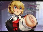  1girl aegis_(persona) android artificial_vagina blonde_hair blue_eyes bow bowtie english_text fluffydango gekkoukan_high_school_uniform highres holding holding_sex_toy long_sleeves persona persona_3 red_bow red_bowtie school_uniform sex_toy short_hair solo 