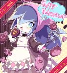  1girl ameonna_(youkai_watch) apron blush chocolate copyright_name dated english_text fubukihime fuumin_(youkai_watch) gloves happy_valentine heart jibanyan komasan long_hair looking_at_viewer multicolored_hair nollety open_mouth purple_hair solo speech_bubble two-tone_hair whisk whisper_(youkai_watch) white_gloves youkai_(youkai_watch) youkai_watch 