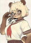  1girl :3 :p absurdres adjusting_eyewear animal_ears animal_nose artist_name blonde_hair blunt_bangs bob_cut body_fur bright_pupils brown_eyes brown_sailor_collar brown_skirt closed_mouth commentary film_grain furry furry_female glasses grey_background highres looking_at_viewer neckerchief original pawpads pleated_skirt raccoon_ears raccoon_girl raccoon_nose raccoon_tail red_neckerchief round_eyewear sailor_collar school_uniform serafuku shirt short_hair short_sleeves signature simple_background skirt solo symbol-only_commentary tail tanuki thick_eyebrows tomochiso tongue tongue_out white_pupils white_shirt 