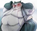 anthro beastars belly big_belly blush blushing_profusely canid canine canis chubby_cheeks clothed clothing deep_navel double_chin embarrassed fat_arms fur hands_behind_head huge_belly ill_fitting_clothing legoshi_(beastars) love_handles male mammal midriff moobs morbidly_obese morbidly_obese_male navel obese obese_male open_mouth overweight overweight_male pawpads simple_background solo squinted_eyes suspenders teeth thick_thighs toastcrank torn_clothing wide_hips wolf