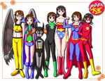  america artist_request azumanga_daiou batman batman_(series) black_bodysuit blue_bodysuit bob_cut bodysuit boots clothes_writing cosplay dc_comics green_lantern grey_bodysuit hawkgirl justice_league kagura_(azumanga_daiou) kaori_(azumanga_daiou) kasuga_ayumu martian_manhunter midriff mihama_chiyo mizuhara_koyomi multiple_girls parody sakaki superman superman_(series) superwoman takino_tomo the_flash wonder_woman wonder_woman_(series) 