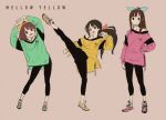  3girls :d black_eyes black_hair black_pants bow brown_eyes brown_hair deg_(deguana) full_body green_shirt hair_bow hair_ribbon hand_on_own_hip highres leg_up leggings long_hair long_sleeves looking_at_viewer multiple_girls off_shoulder open_mouth original pants pink_footwear pink_shirt ponytail ribbon shirt shoes simple_background sketch smile sneakers standing standing_on_one_leg sweater twintails yellow_footwear yellow_shirt 