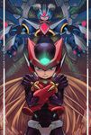  android armor bad_id bad_pixiv_id black_bodysuit blonde_hair blue_eyes bodysuit copy_x crossed_arms gauntlets helmet homura_subaru looking_at_viewer multiple_boys rockman rockman_zero shaded_face uniform zero_(rockman) 