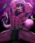 abs anthro armpit_hair barazoku beast_(disambiguation) bedroom_eyes big_bulge big_muscles big_tail bodily_fluids body_hair bone bulge chest_hair demon glowing glowing_eyes hair huge_bulge huge_muscles long_tail looking_at_viewer male manly mask money money_in_underwear muscular muscular_anthro muscular_arms muscular_legs muscular_male muscular_thighs narrowed_eyes navel open_mouth pole prostitution purple_body purple_hair renishi_(artist) seductive sex_work sex_worker skull skull_head skull_mask skulldog_(species) solo sprix_(sprixlnine) sweat sweaty_body tail tail_tuft thick_tail thick_thighs tongue tongue_out tuft