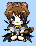  animal_ears blue_eyes blush_stickers chibi dress faulds full_body hair_ornament long_sleeves looking_back lowres lyrical_nanoha magical_girl mahou_shoujo_lyrical_nanoha_strikers minigirl multiple_girls raccoon_costume raccoon_ears raccoon_tail reinforce reinforce_zwei saki_chisuzu short_hair tail uniform white_dress wings x_hair_ornament yagami_hayate 