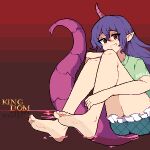  absurdres barefoot green_shirt green_shorts highres horns kingdom_(user_ysav4824) long_hair long_tail pointy_ears purple_horns purple_tail red_eyes shirt short_sleeves shorts soles tail tenkajin_chiyari touhou very_long_hair 