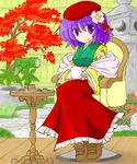  beret cup flower hair_flower hair_ornament hat hieda_no_akyuu lantern purple_eyes purple_hair sitting solo touhou tree 
