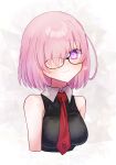  1girl absurdres black-framed_eyewear black_shirt breasts closed_mouth collared_shirt cropped_arms cropped_torso fate/grand_order fate_(series) glasses hair_over_one_eye harukappa highres mash_kyrielight medium_breasts medium_hair necktie pink_eyes pink_hair red_necktie shirt sleeveless sleeveless_shirt smile solo straight_hair upper_body white_background wing_collar 