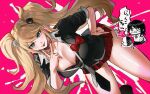  2girls bear_hair_ornament bent_over black_bra black_necktie black_shirt blonde_hair bow bra breasts cleavage danganronpa:_trigger_happy_havoc danganronpa_(series) enoshima_junko grey_necktie hair_ornament hand_on_own_hip highres ikusaba_mukuro kaminezu large_breasts long_hair miniskirt monokuma multiple_girls necktie pink_background red_bow red_skirt shirt siblings sisters skirt smile solo_focus speech_bubble tongue tongue_out translation_request twintails underwear v_over_mouth white_background 