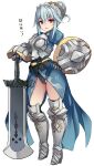  1girl armor armored_boots blue_dress blue_hair boots braid braided_bun breastplate buckler dress earrings full_body gloves hair_between_eyes hair_bun hairband hand_on_own_hip highres jewelry karukan_(monjya) leaning_on_weapon light_blue_hair looking_at_viewer open_mouth pink_eyes shield smile solo standing thighhighs thighhighs_under_boots thighs unicorn_overlord virginia_(unicorn_overlord) white_background 