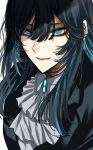  1girl ado_(utaite) ascot black_coat black_hair blue_brooch blue_eyes blue_hair chando_(ado) closed_mouth cloud_nine_inc coat collared_shirt colored_inner_hair commentary_request hair_between_eyes highres hoshi_san_3 long_hair looking_at_viewer mole mole_under_eye multicolored_hair shade shirt sidelocks solo upper_body utaite white_ascot white_background white_shirt 